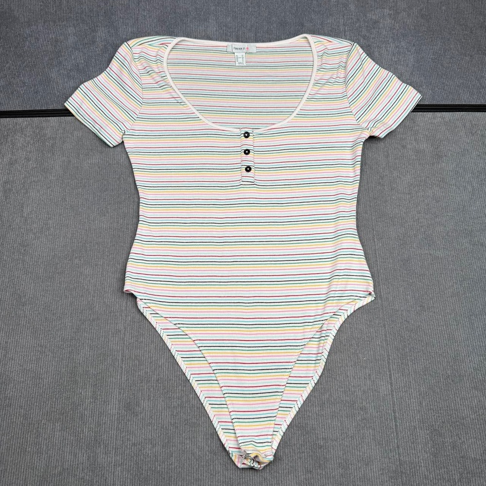 Forever 21 Rainbow Stripe Ribbed Henley y2k Bodysuit Plus Size 1X Multi-Color